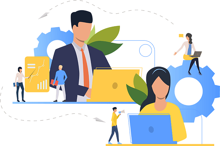 Ilustración del equipo de Ashtar Creations, creadores visionarios trabajando en creación de contenido generativo y automatización inteligente de procesos.
