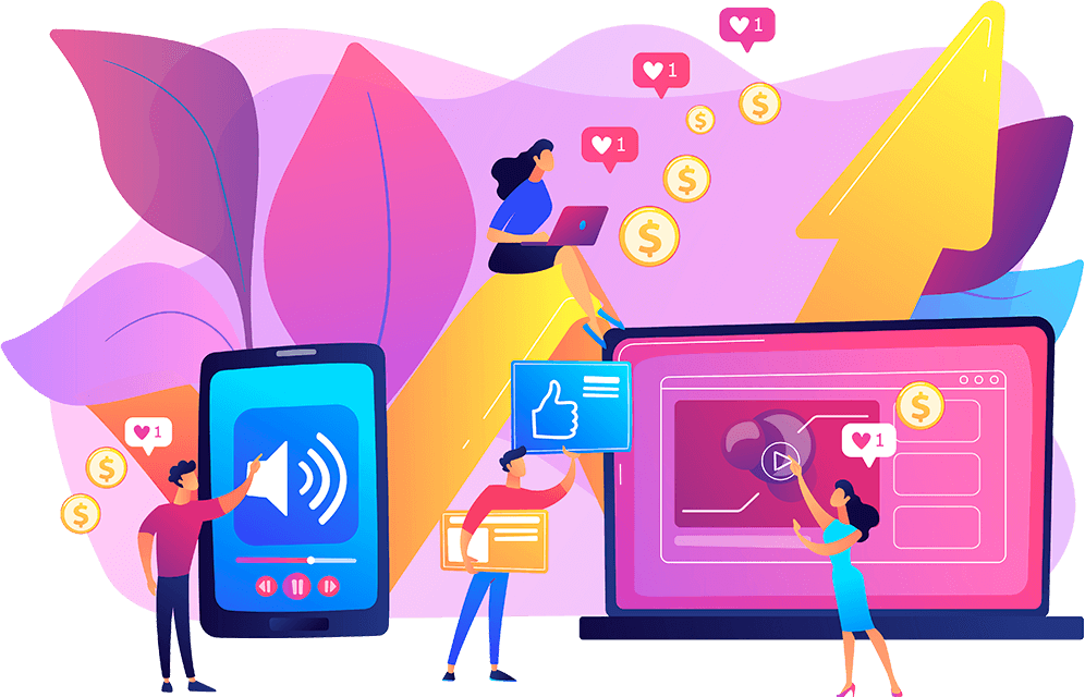 Ilustración de Soluciones Inteligentes para Tu Negocio, mostrando el crecimiento del marketing digital y el éxito del SEO con IA.